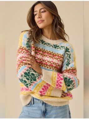 Altar'd State Fair Isle Crewneck Sweater with Multicolor Stripe Pattern